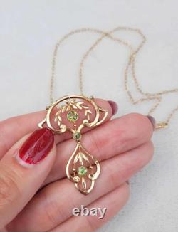 Antique 9k Gold Peridot European Art Nouveau Victorian Lavalier Necklace