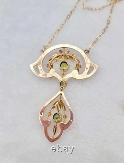 Antique 9k Gold Peridot European Art Nouveau Victorian Lavalier Necklace
