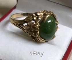 Antique ART NOUVEAU 10k Gold Green Jade Nephrite Floral Cocktail Ring Size 8