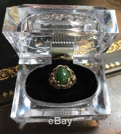 Antique ART NOUVEAU 10k Gold Spinach Green Nephrite Floral Cocktail Ring Size 8