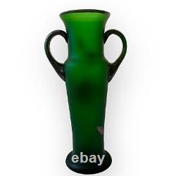 Antique ART NOUVEAU GLASS VASE Early 1900s Emerald Green with Silver Resist Floral