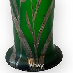 Antique ART NOUVEAU GLASS VASE Early 1900s Emerald Green with Silver Resist Floral