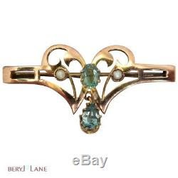 Antique ART NOUVEAU c1908 GREEN BERYL & SEED PEARL 9k BROOCH, English Hallmarked