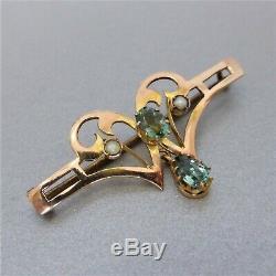 Antique ART NOUVEAU c1908 GREEN BERYL & SEED PEARL 9k BROOCH, English Hallmarked