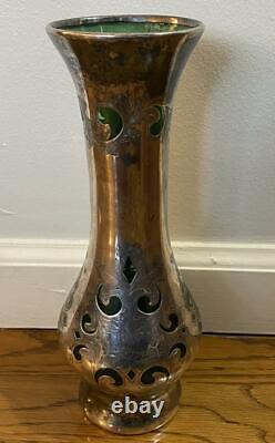 Antique AS IS Heavy Silver Overlay Vase Loetz  10 Green Glass