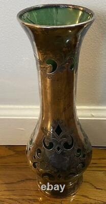 Antique AS IS Heavy Silver Overlay Vase Loetz  10 Green Glass