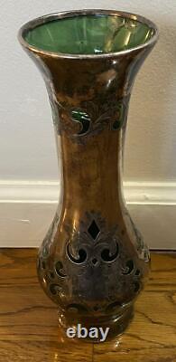 Antique AS IS Heavy Silver Overlay Vase Loetz  10 Green Glass