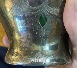 Antique AS IS Heavy Silver Overlay Vase Loetz  10 Green Glass