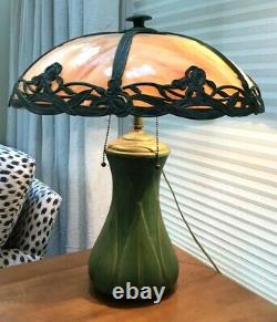 Antique American Craftsman Green-Glazed Pottery Table Lamp Patinated Glass Shade