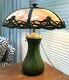 Antique American Craftsman Green-glazed Pottery Table Lamp Patinated Glass Shade