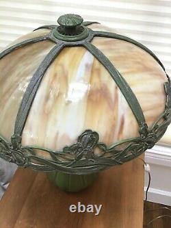 Antique American Craftsman Green-Glazed Pottery Table Lamp Patinated Glass Shade