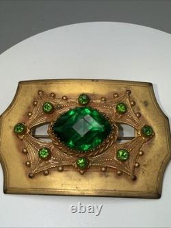Antique Art Deco Art Nouveau Gold Tone 2 Tone Green Glass Brooch Sash Pin