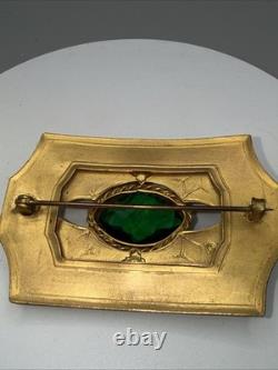 Antique Art Deco Art Nouveau Gold Tone 2 Tone Green Glass Brooch Sash Pin