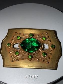 Antique Art Deco Art Nouveau Gold Tone 2 Tone Green Glass Brooch Sash Pin