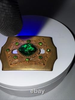 Antique Art Deco Art Nouveau Gold Tone 2 Tone Green Glass Brooch Sash Pin