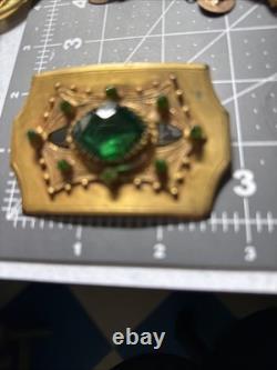 Antique Art Deco Art Nouveau Gold Tone 2 Tone Green Glass Brooch Sash Pin