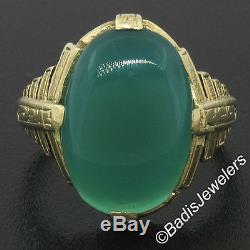 Antique Art Deco Etched RARE 14k Yellow Gold Cabochon Green Chrysoprase Ring Sz6