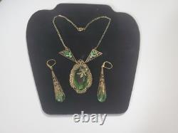 Antique Art Deco Nouveau Green Glass Enamel Brass Necklace & Earrings Extender
