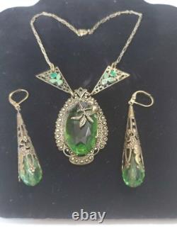 Antique Art Deco Nouveau Green Glass Enamel Brass Necklace & Earrings Extender