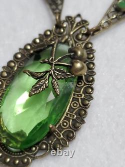 Antique Art Deco Nouveau Green Glass Enamel Brass Necklace & Earrings Extender