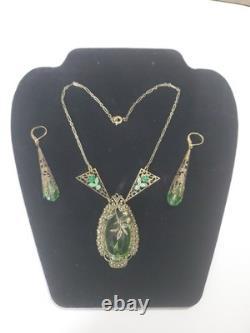 Antique Art Deco Nouveau Green Glass Enamel Brass Necklace & Earrings Extender