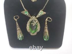 Antique Art Deco Nouveau Green Glass Enamel Brass Necklace & Earrings Extender