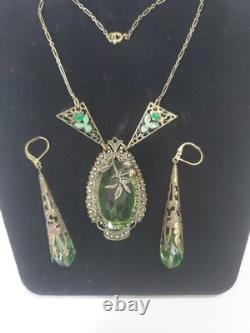 Antique Art Deco Nouveau Green Glass Enamel Brass Necklace & Earrings Extender