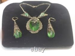 Antique Art Deco Nouveau Green Glass Enamel Brass Necklace & Earrings Extender