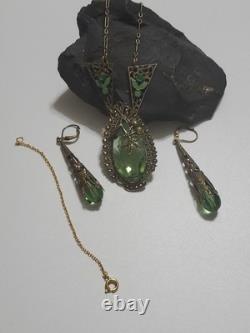 Antique Art Deco Nouveau Green Glass Enamel Brass Necklace & Earrings Extender