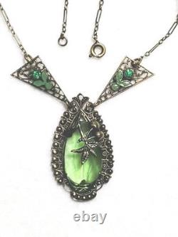 Antique Art Deco Nouveau Green Glass Enamel Brass Necklace & Earrings Extender