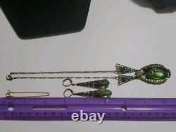 Antique Art Deco Nouveau Green Glass Enamel Brass Necklace & Earrings Extender