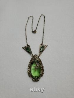 Antique Art Deco Nouveau Green Glass Enamel Brass Necklace & Earrings Extender