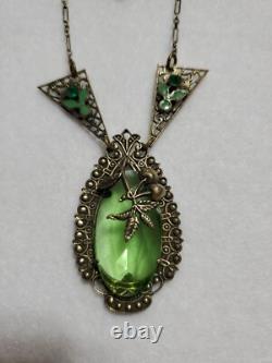 Antique Art Deco Nouveau Green Glass Enamel Brass Necklace & Earrings Extender