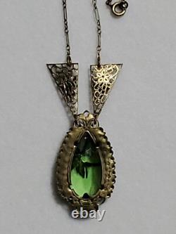 Antique Art Deco Nouveau Green Glass Enamel Brass Necklace & Earrings Extender