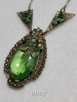 Antique Art Deco Nouveau Green Glass Enamel Brass Necklace & Earrings Extender