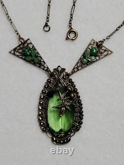 Antique Art Deco Nouveau Green Glass Enamel Brass Necklace & Earrings Extender