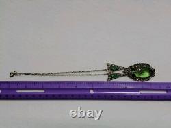 Antique Art Deco Nouveau Green Glass Enamel Brass Necklace & Earrings Extender
