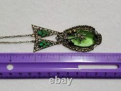 Antique Art Deco Nouveau Green Glass Enamel Brass Necklace & Earrings Extender