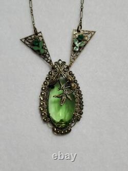 Antique Art Deco Nouveau Green Glass Enamel Brass Necklace & Earrings Extender