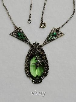 Antique Art Deco Nouveau Green Glass Enamel Brass Necklace & Earrings Extender