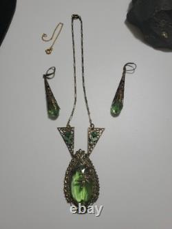 Antique Art Deco Nouveau Green Glass Enamel Brass Necklace & Earrings Extender