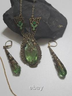 Antique Art Deco Nouveau Green Glass Enamel Brass Necklace & Earrings Extender