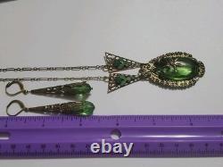 Antique Art Deco Nouveau Green Glass Enamel Brass Necklace & Earrings Extender