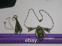 Antique Art Deco Nouveau Green Glass Enamel Brass Necklace & Earrings Extender