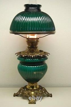 Antique Art Deco Nouveau Oil Emerald Green Fostoria Student Ribbed Glass Lamp