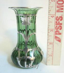 Antique Art Deco Nouveau STERLING SILVER OVERLAY Green Glass RIBBED 4.5 Vase