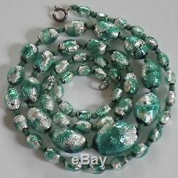 Antique Art Deco Venetian Or Czech Foiled Green Silver Art Glass Beads Necklace