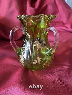 Antique Art Glass Green Moser Rare 3-Handled Art Nouveau Gold Flowers Vase Mint