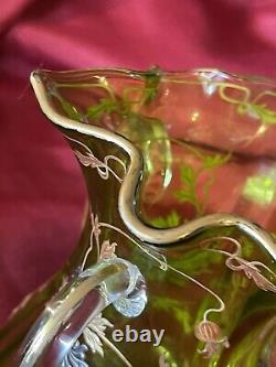 Antique Art Glass Green Moser Rare 3-Handled Art Nouveau Gold Flowers Vase Mint