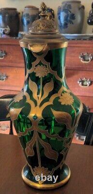Antique Art Glass Pitcher Green & Gold Gilt Bohemian Covered Flagon Art Nouveau